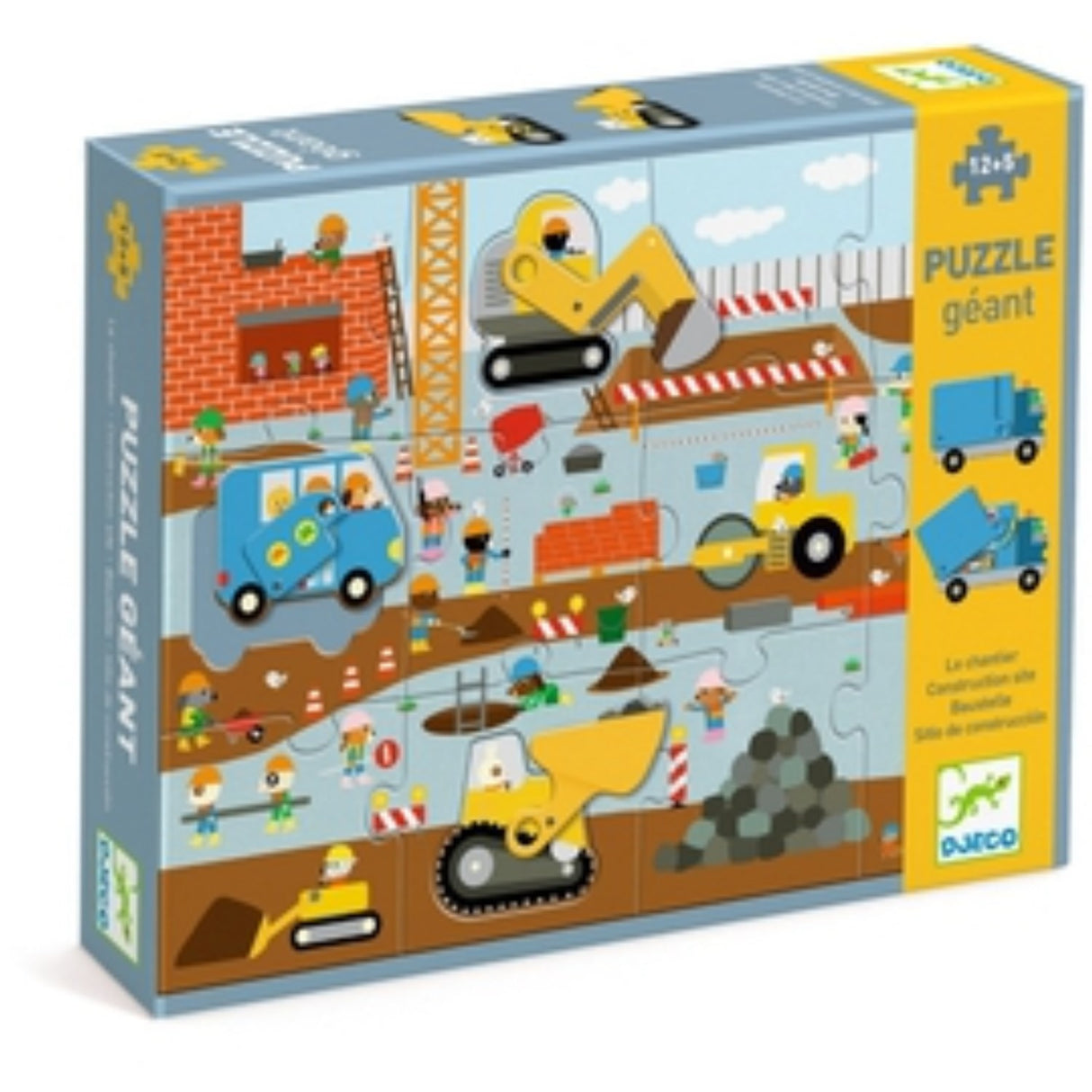 Djeco Gulvpuslespil, Byggepladsen - 12 Brikker + 5 Køretøjer
