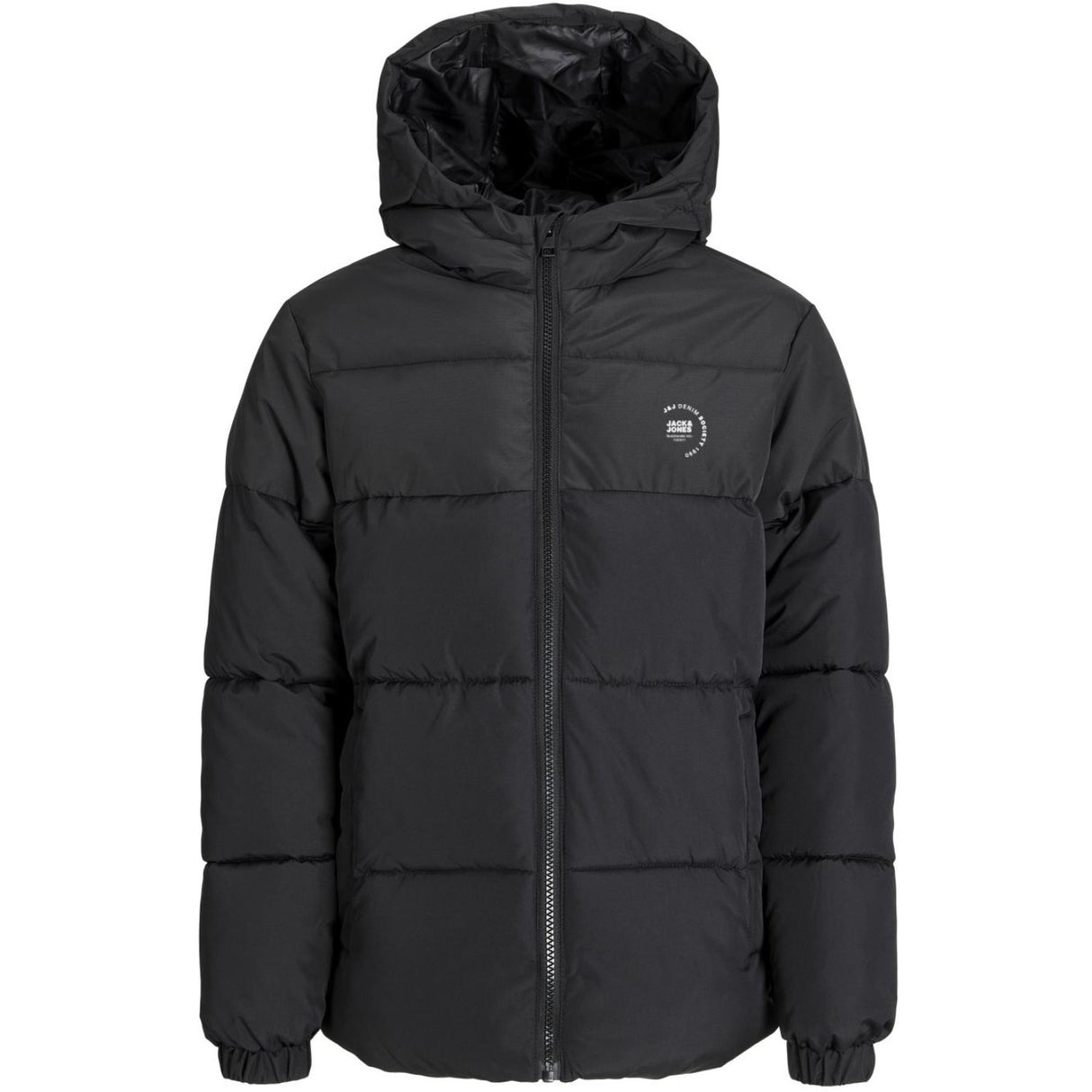 Jack & Jones Junior Black White Logo Jjmaze Logo Puffer Hood Jnr