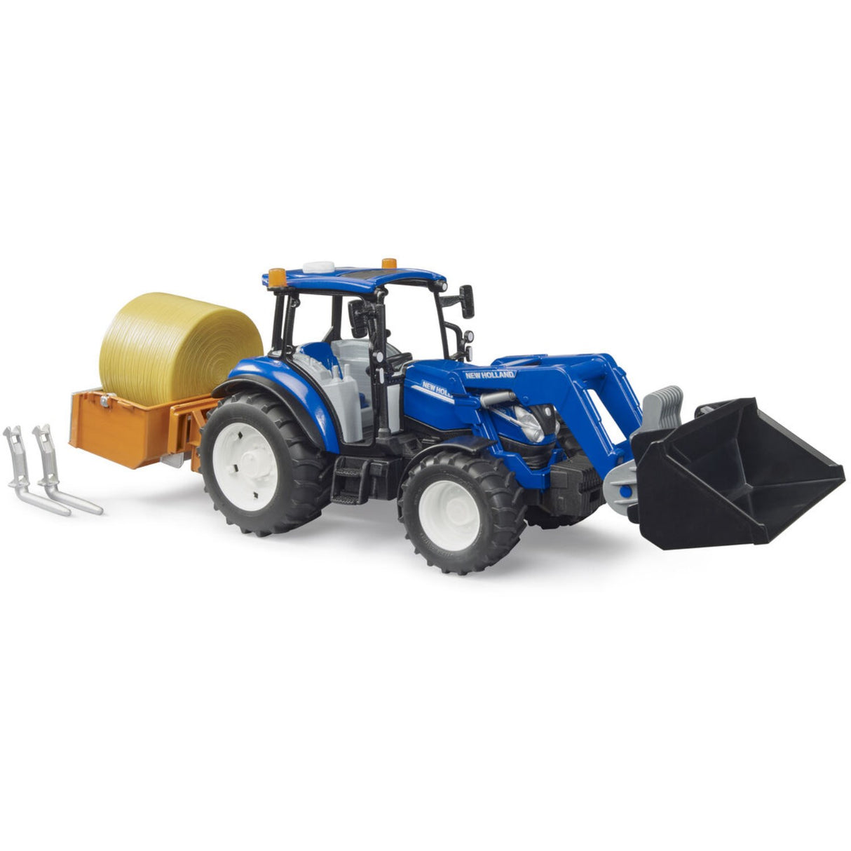 Bruder New Holland T5.120 With Slip-On Frontlæsser, Tømningskasse Og Gafler.