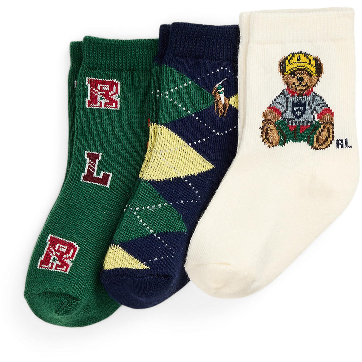 Ralph Lauren Baby Ivory/Navy/Green Baby Boy Crew Sock 3-Pack
