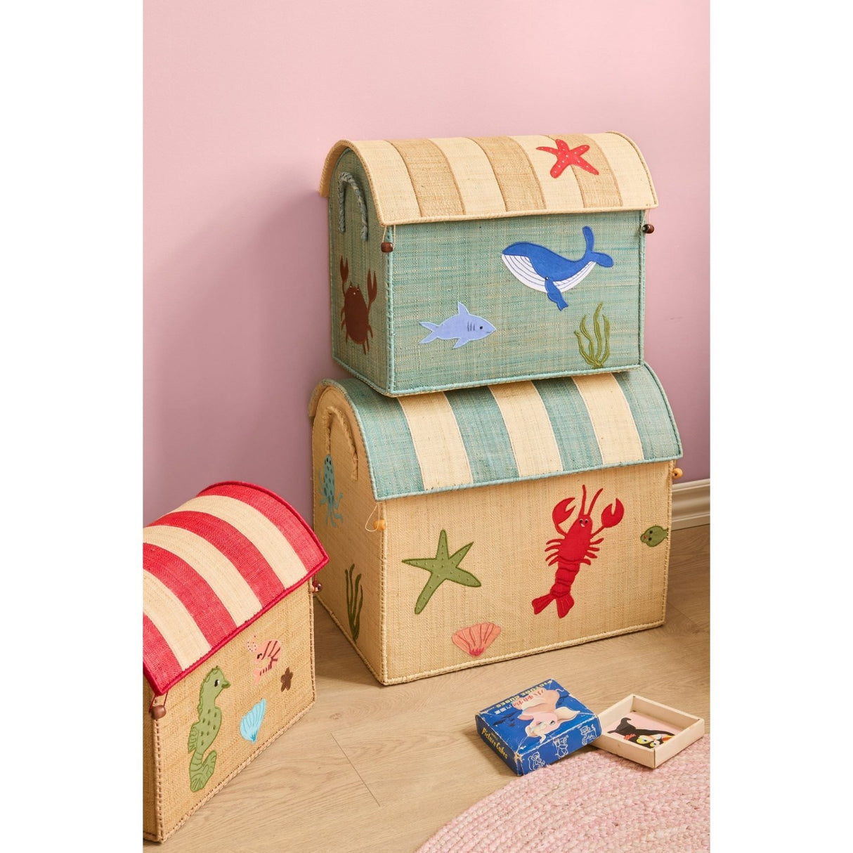 Rice Ocean Theme Raffia Toy Baskets Set Of 3