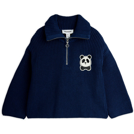 Mini Rodini Blue Panda Patch Chunky Knit Half Zip Sweater