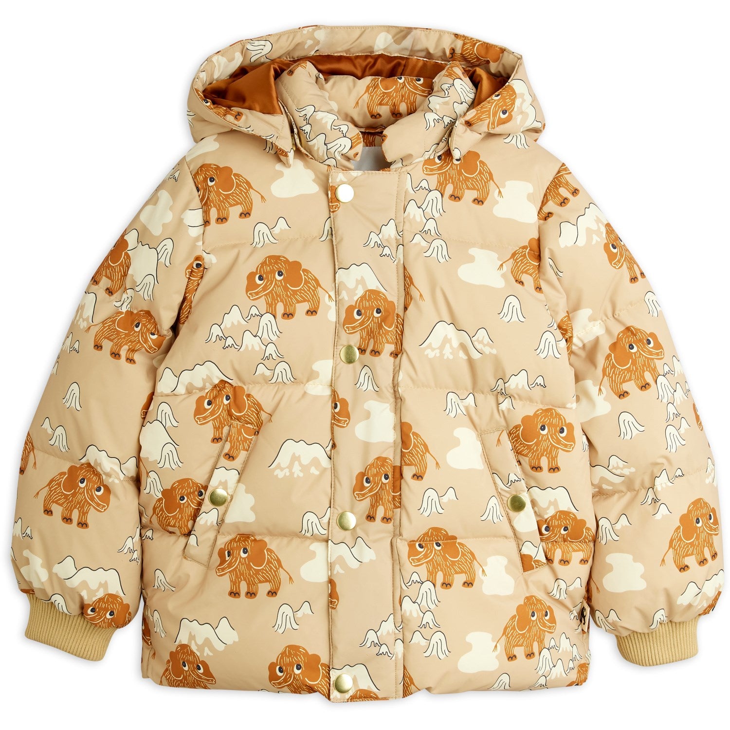 Buy Mini Rodini Beige Mammoths AOP Hooded Puffer | Luksusbaby