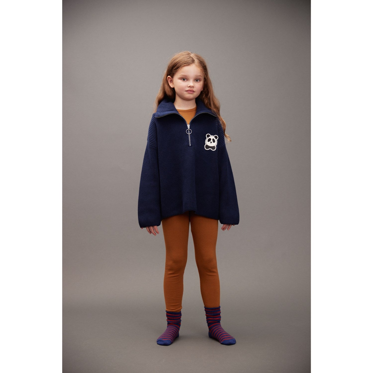 Buy Mini Rodini Blue Panda Patch Chunky Knit Half Zip Sweater