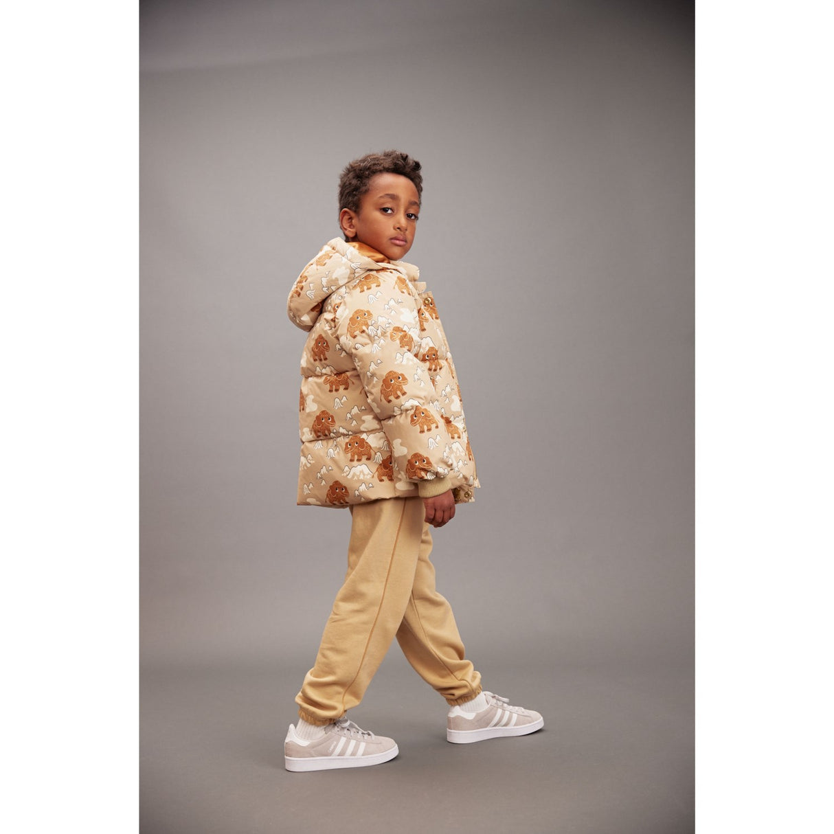 Mini Rodini Beige Mammoths AOP Hooded Puffer
