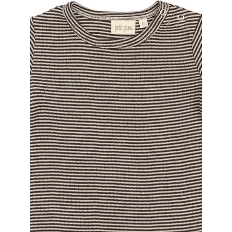 Petit Piao Coffee Bean/Dark Off White PPDante T-Shirt L/S Meriono Wool Striped