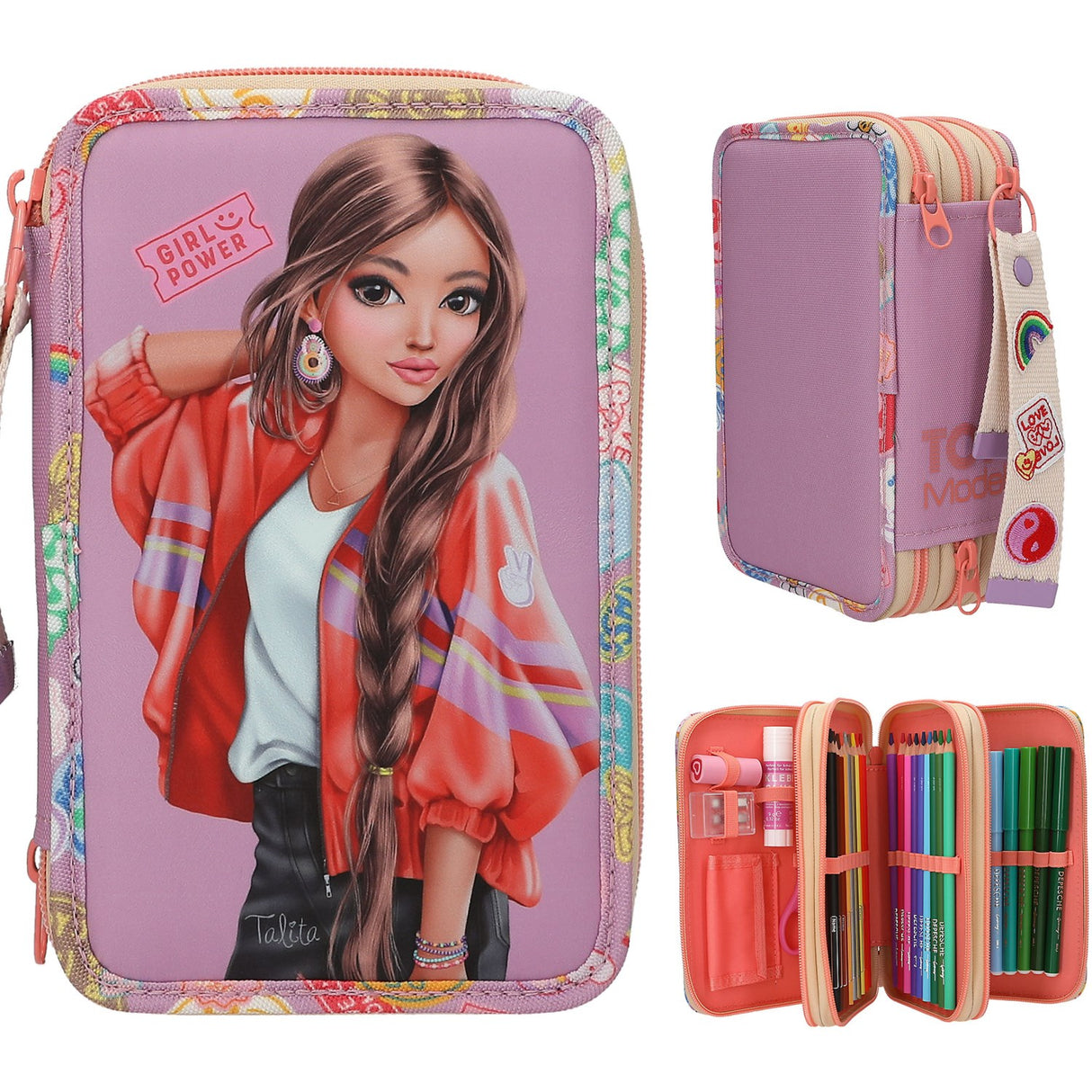 TOPModel Girl Power Triple Pencil Case With Pendant