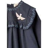 COPENHAGEN COLORS Brown/Blue Check Comb. Checkered Dress W. Embroidery And Ruffle