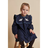 COPENHAGEN COLORS Brown/Blue Check Comb. Checkered Dress W. Embroidery And Ruffle