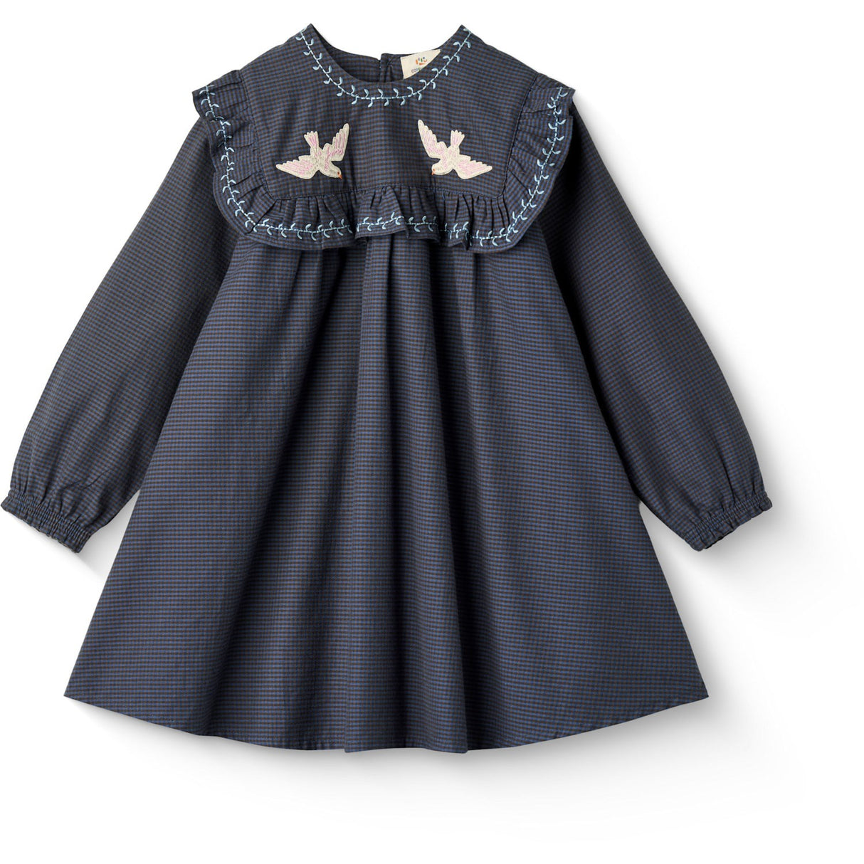 COPENHAGEN COLORS Brown/Blue Check Comb. Checkered Dress W. Embroidery And Ruffle