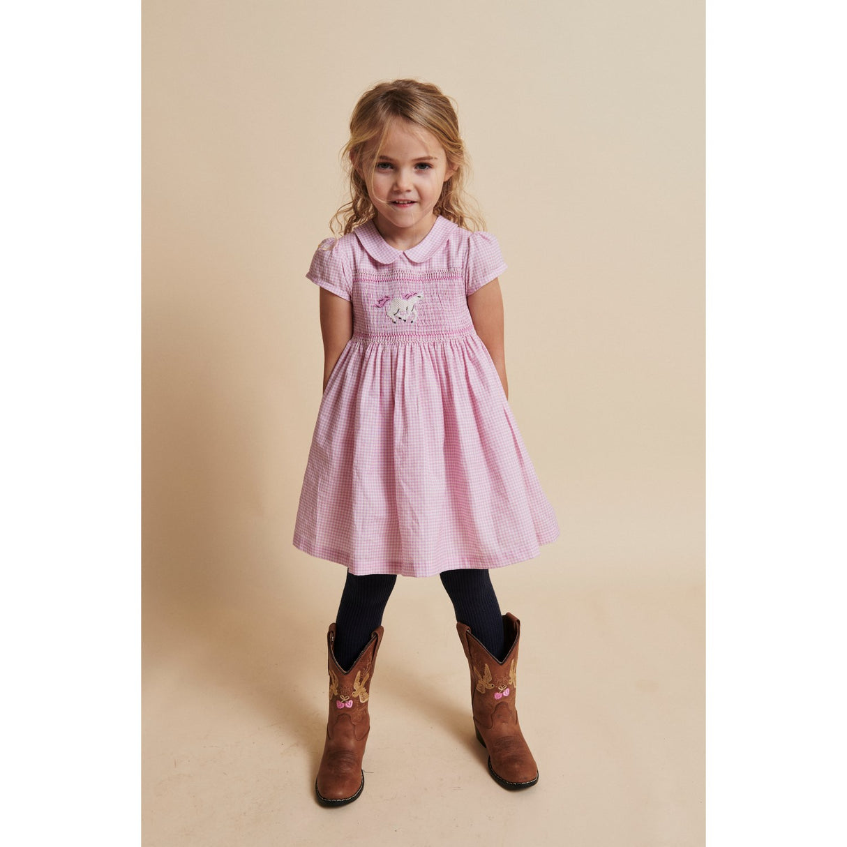 COPENHAGEN COLORS Syringa Comb. Houndstooth Dress W. Handmade Unicorn Embroidery And Smock