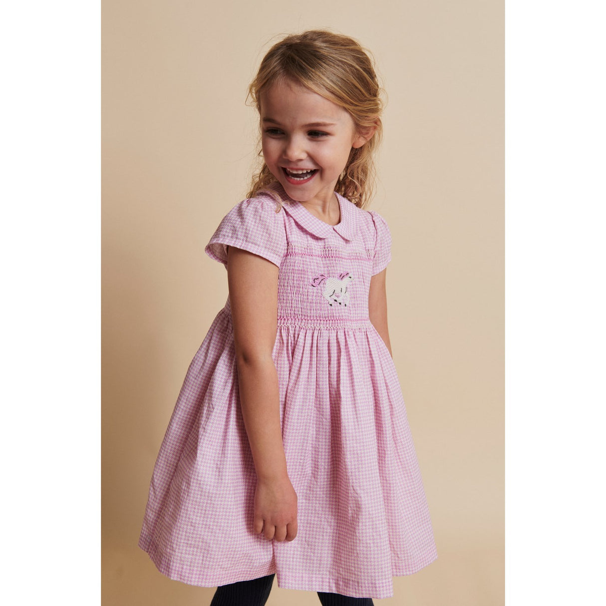 COPENHAGEN COLORS Syringa Comb. Houndstooth Dress W. Handmade Unicorn Embroidery And Smock