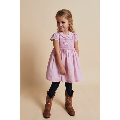 COPENHAGEN COLORS Syringa Comb. Houndstooth Dress W. Handmade Unicorn Embroidery And Smock