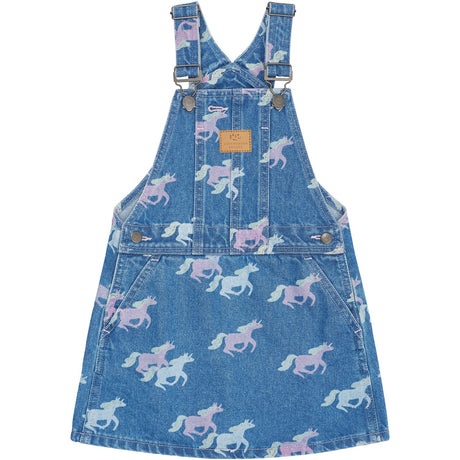 COPENHAGEN COLORS Indigo Blue Washed W Unicorn Organic Denim Spencer Dress W. Unicorn Print