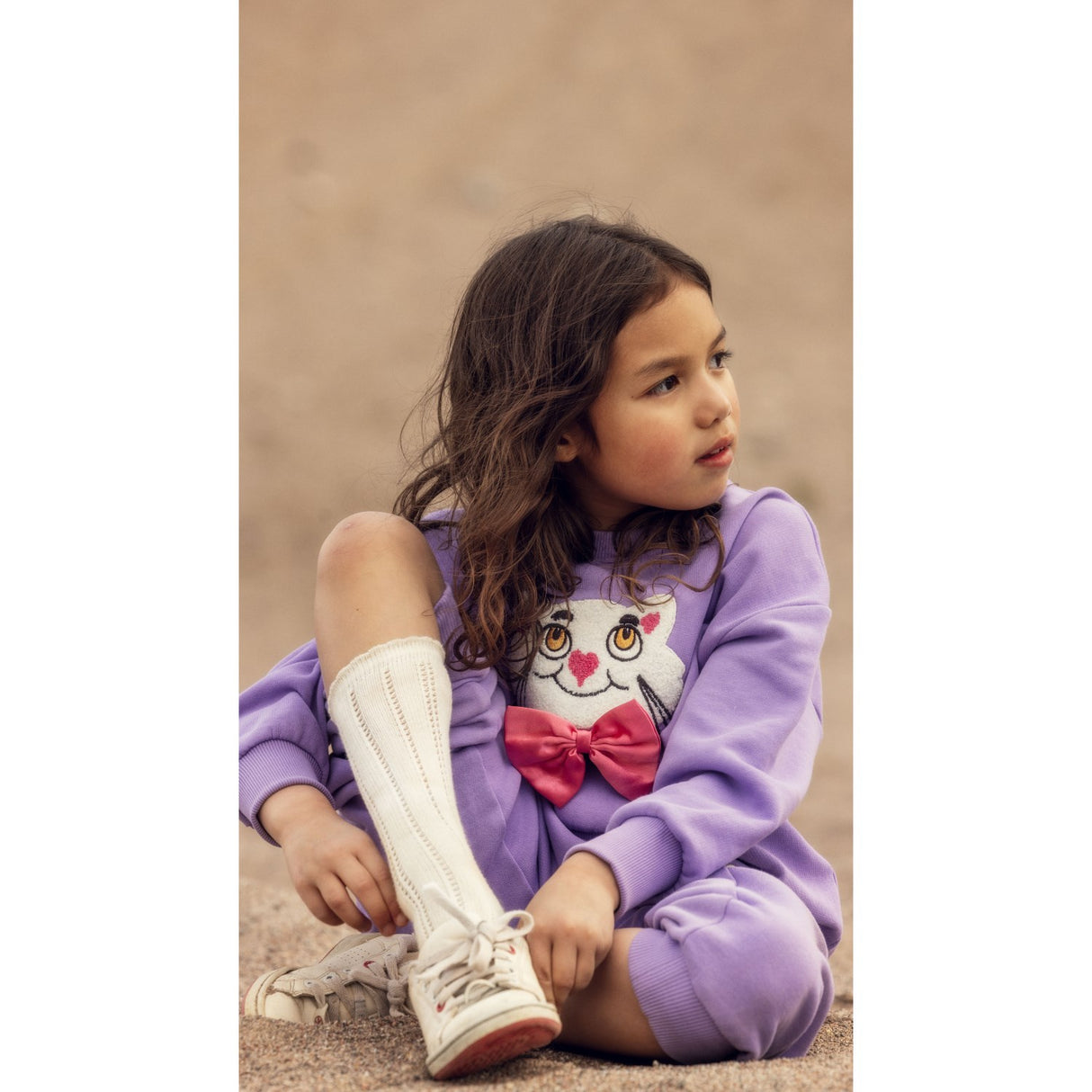 Mini Rodini Purple Cat With Bowtie Chenille Sweatshirt