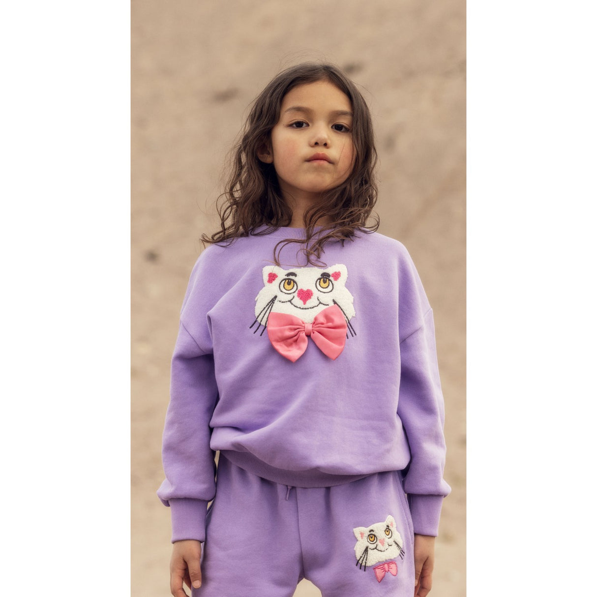 Mini Rodini Purple Cat With Bowtie Chenille Sweatpants