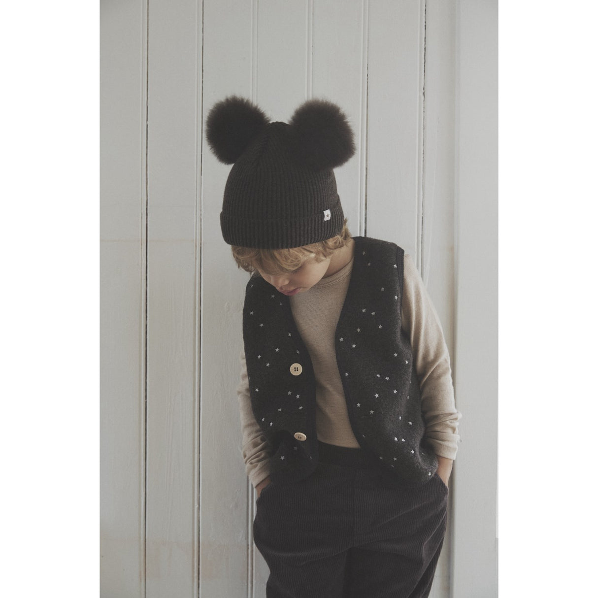 Huttelihut Dark Brown Melange Hat Knit Alpaca Pompoms