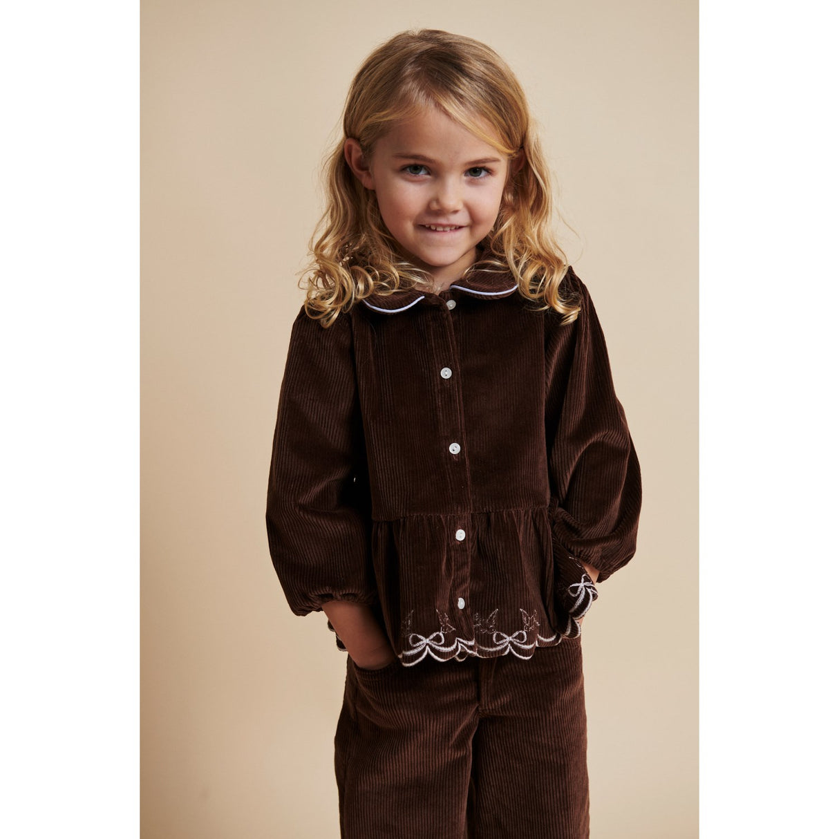 COPENHAGEN COLORS Dk Brown Comb Corduroy Blouse W. Emb.