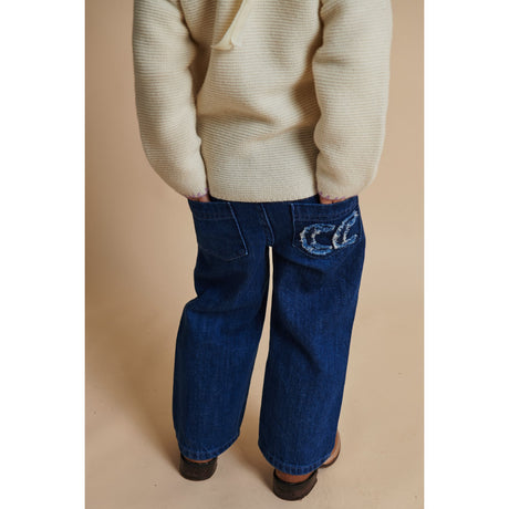 COPENHAGEN COLORS Dark Indigo Blue Washed Organic Denim Pants W. Pocket Embroidery & Wide Leg