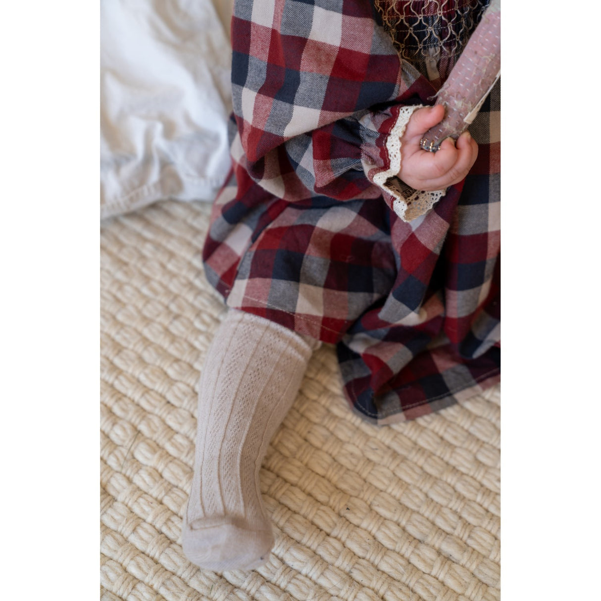 Wheat Red Blue Check Dress L/S Lace Bella