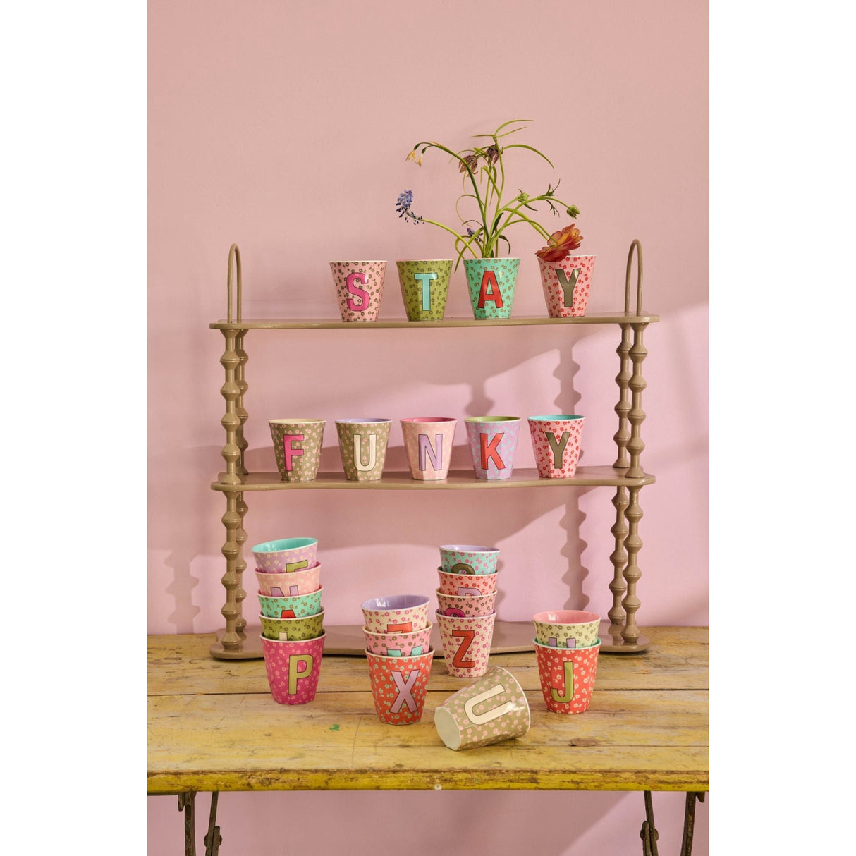 Rice Flowers Medium Melamine Cup With The Letter F