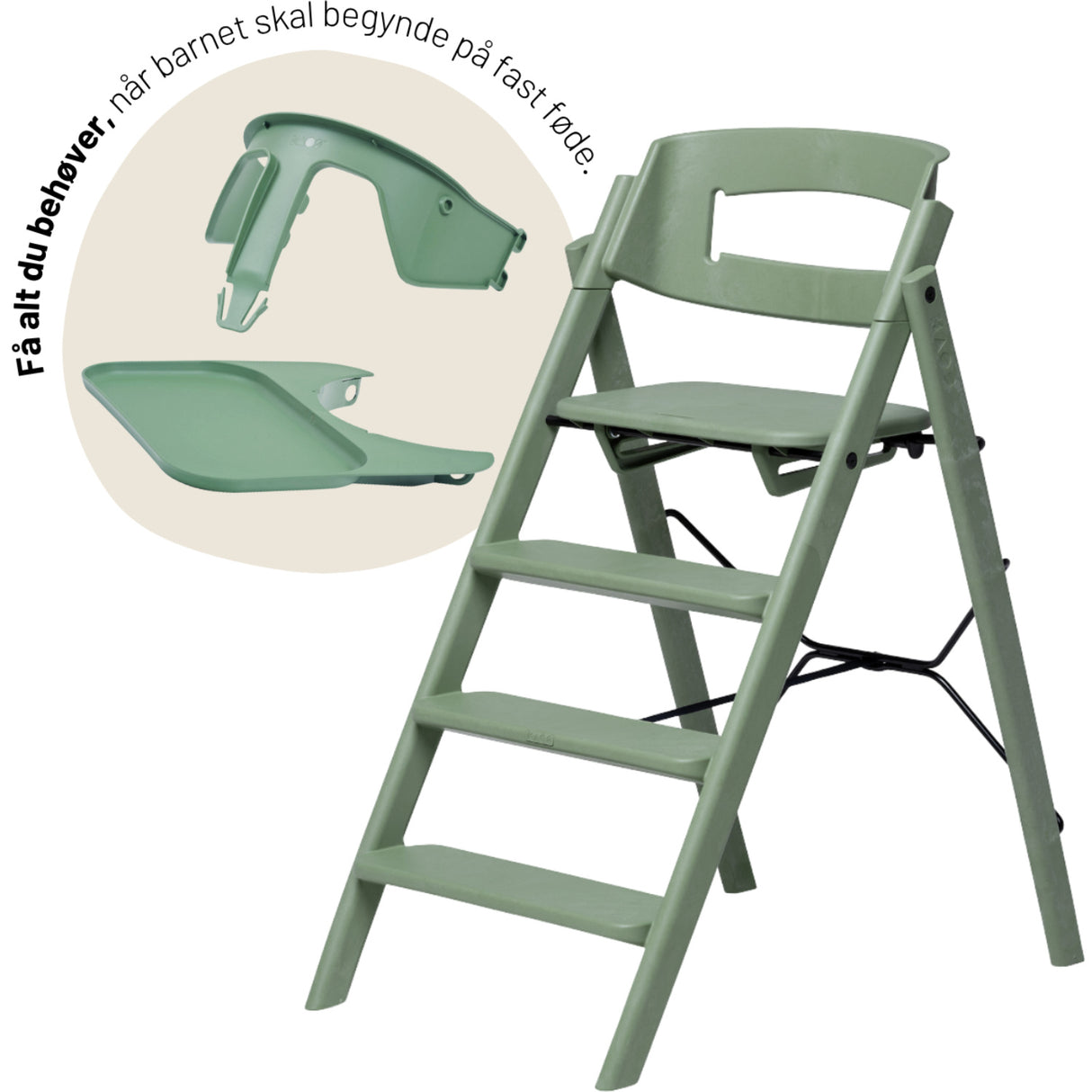 KAOS Mineral Green Klapp High Chair Recycled With KLAPP® Safety Rail & Tray Bundle