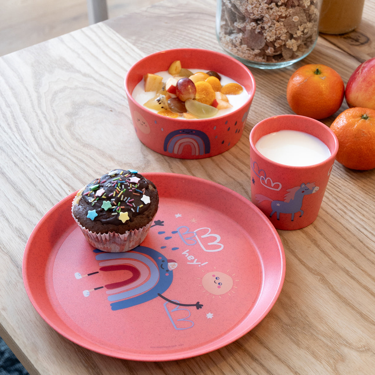 Koziol Organic Coral Red Small Plate + Bowl + Cup Connect Dreams