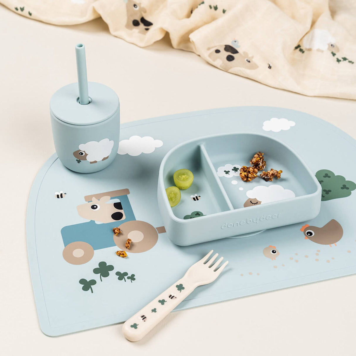 DonebyDeer Tiny Farm Blue Silicone Sugerørskop 2-Pack