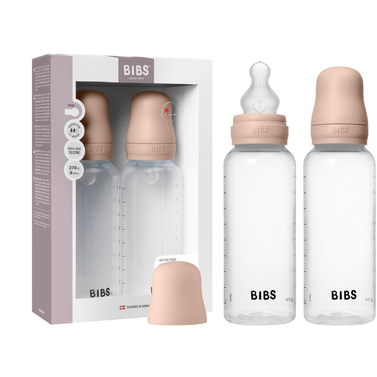 Bibs Blush Baby Bottle Round Silicone 2-Pack 270 Ml Medium Flow