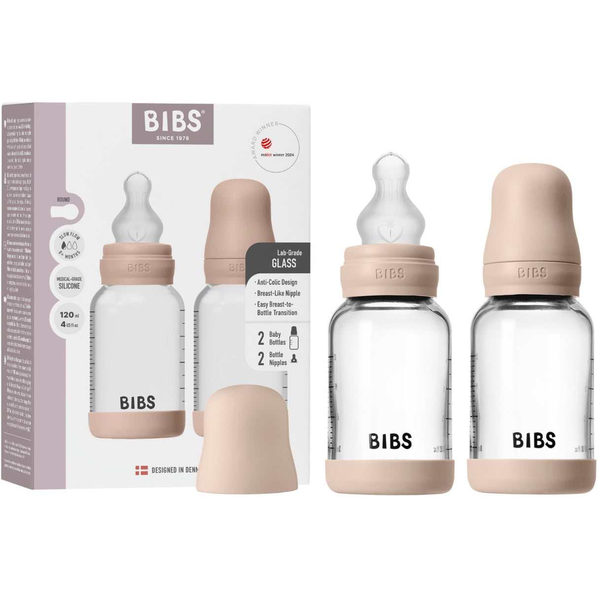 Bibs Blush Glass Baby Bottle Round Silicone 2-Pack 120 Ml Slow Flow