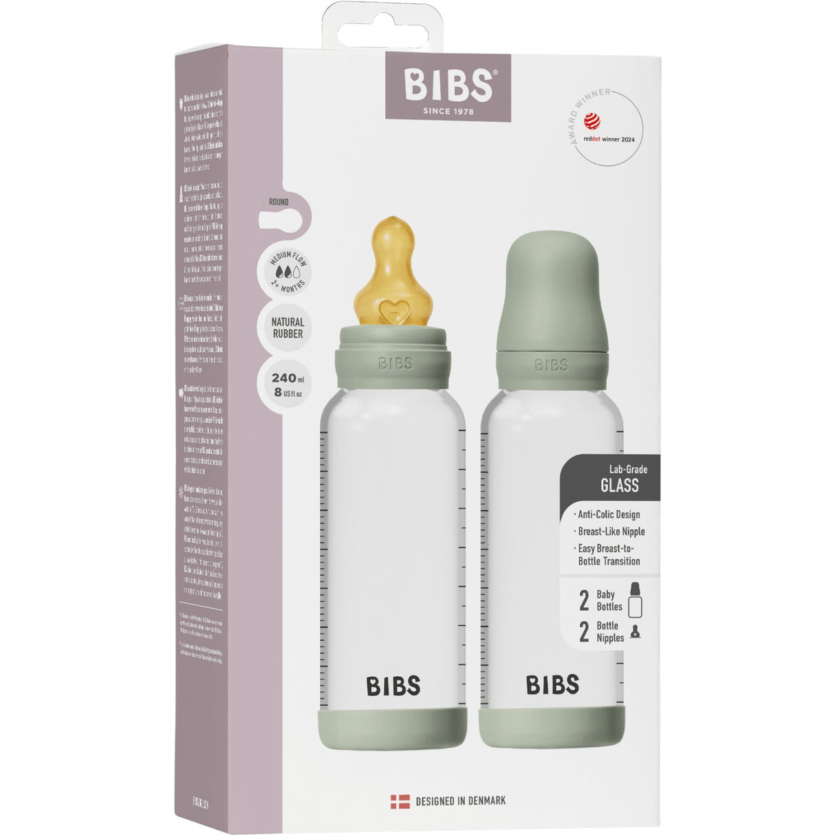 Bibs Sage Glass Baby Bottle Round Latex 2-Pack 240 Ml Medium Flow
