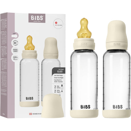 Bibs Ivory Glass Baby Bottle Round Latex 2-Pack 240 Ml Medium Flow