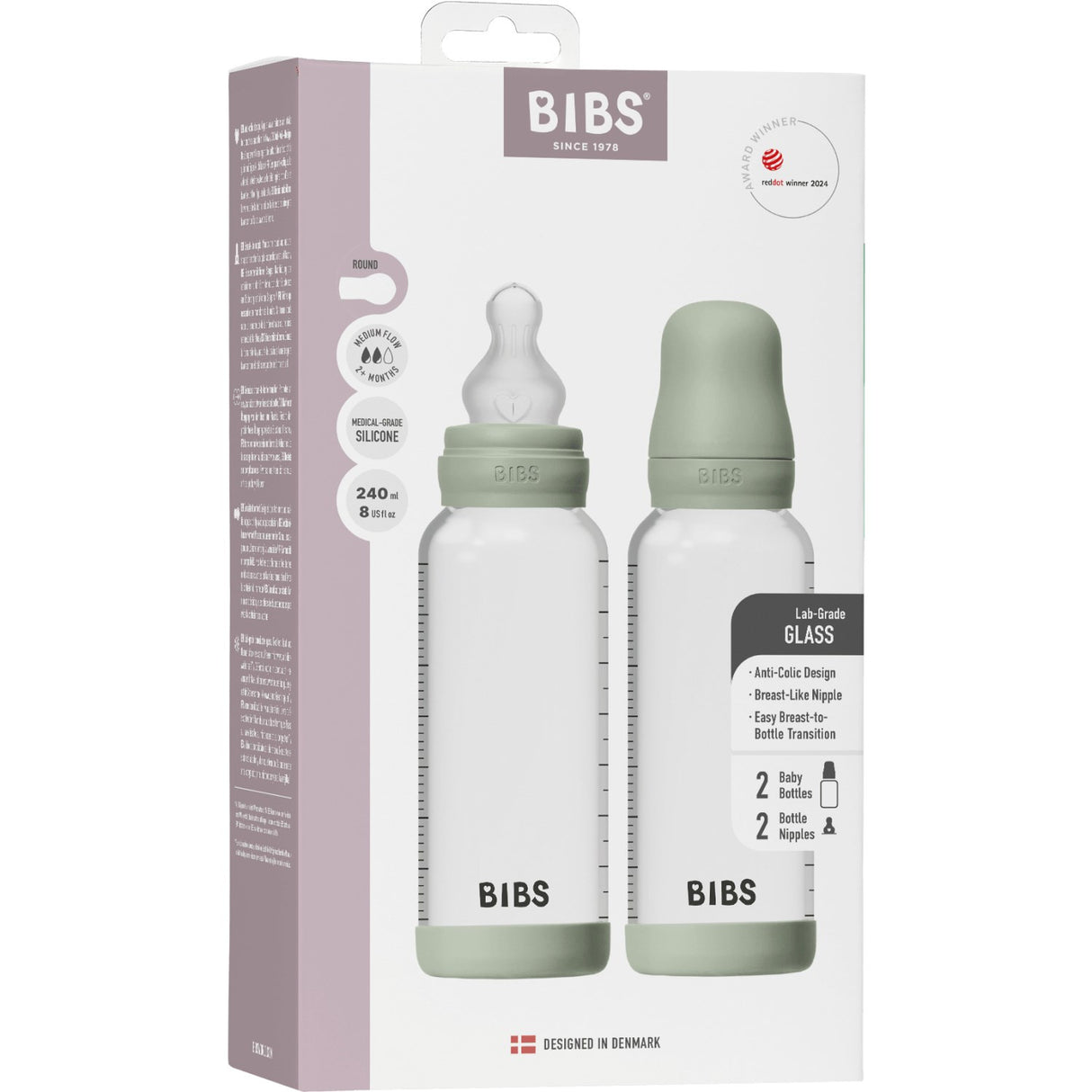 Bibs Sage Glass Baby Bottle Round Silicone 2-Pack 240 Ml Medium Flow