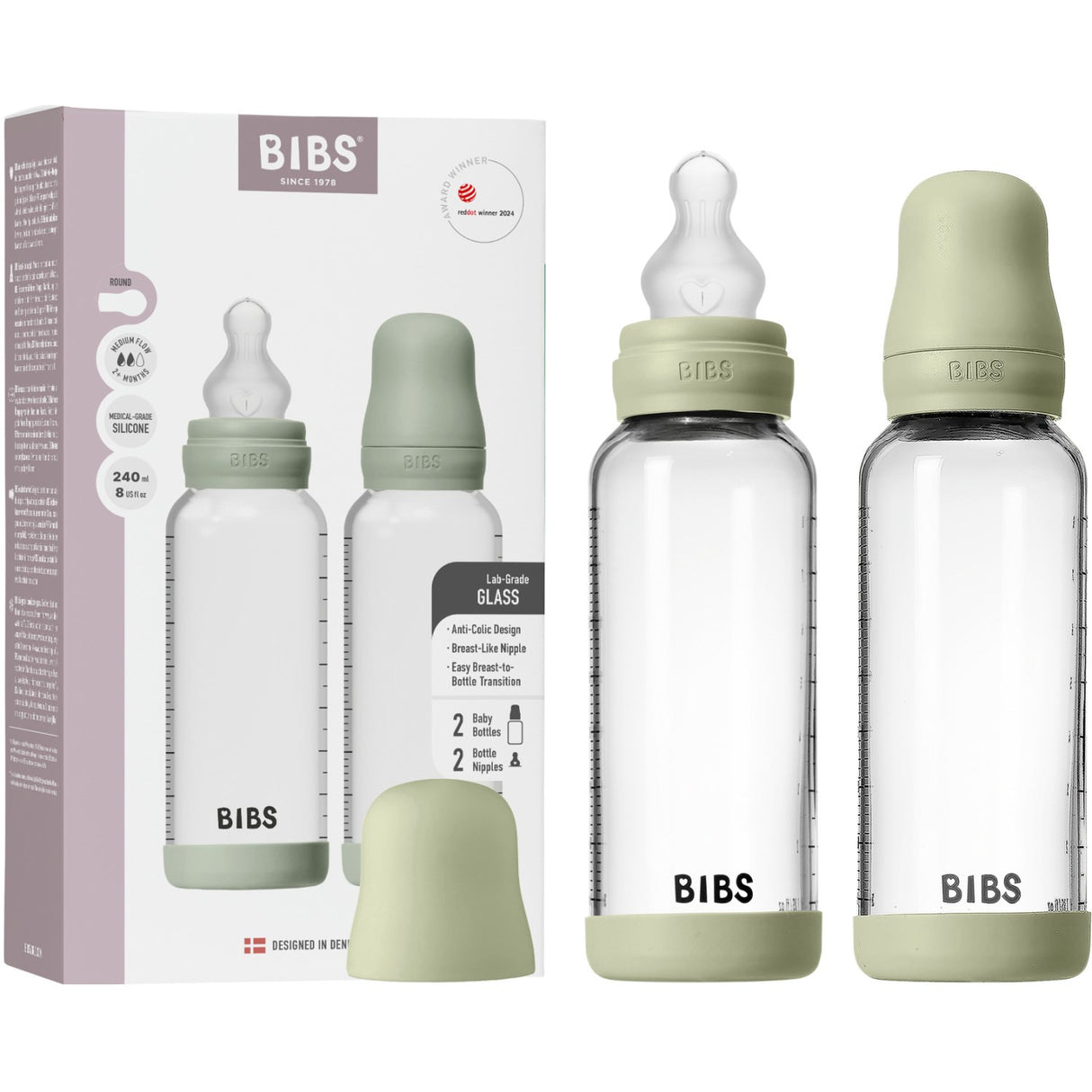Bibs Sage Glass Baby Bottle Round Silicone 2-Pack 240 Ml Medium Flow