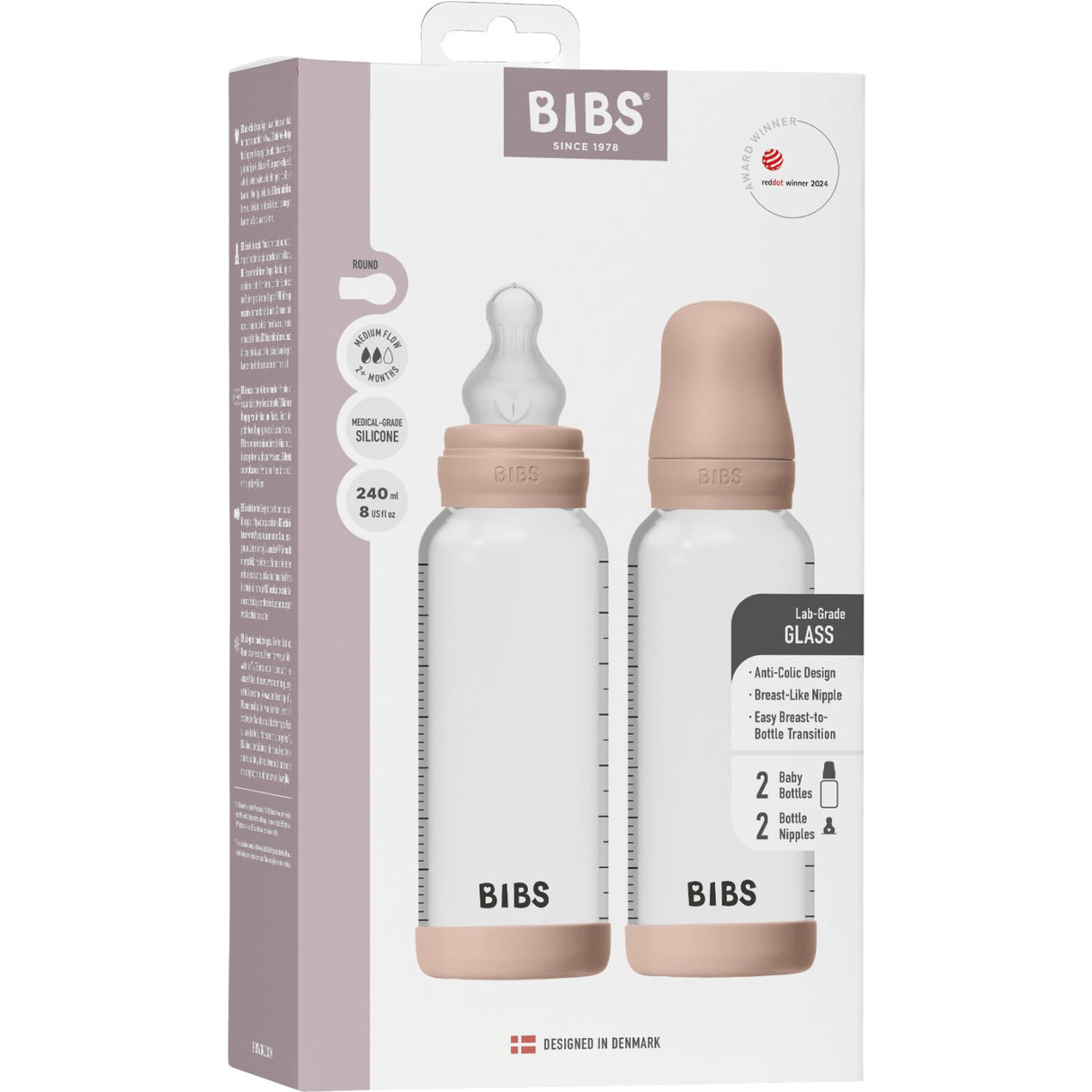 Bibs Blush Glass Baby Bottle Round Silicone 2-Pack 240 Ml Medium Flow