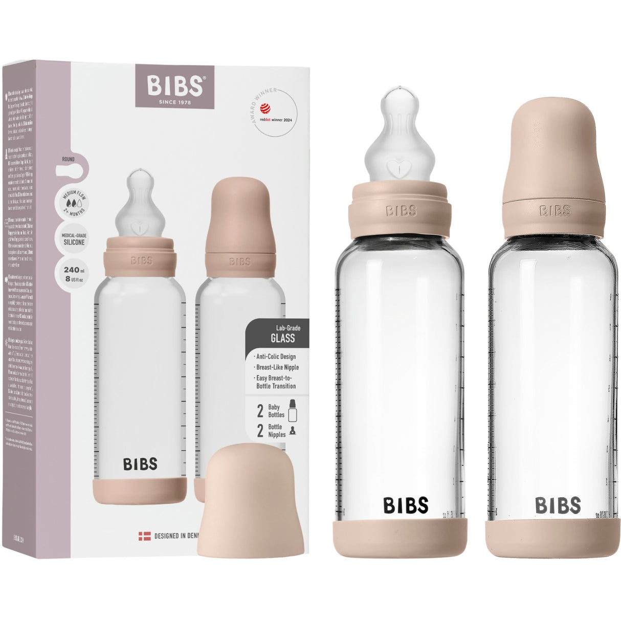 Bibs Blush Glass Baby Bottle Round Silicone 2-Pack 240 Ml Medium Flow