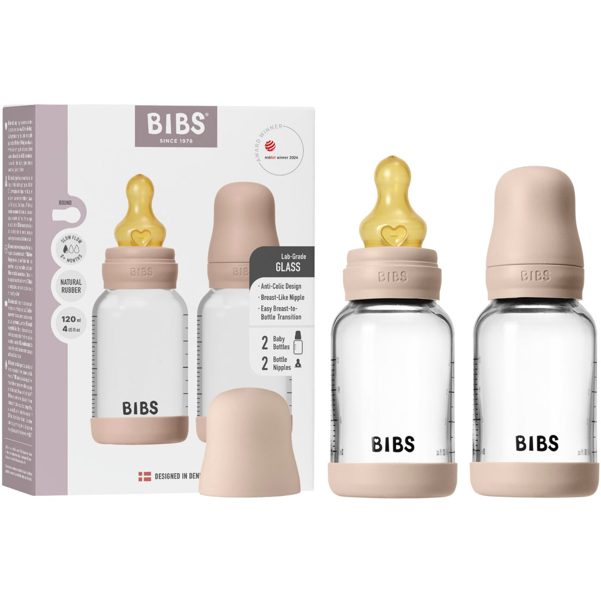 Bibs Blush Glass Baby Bottle Round Latex 2-Pack 120 Ml Slow Flow
