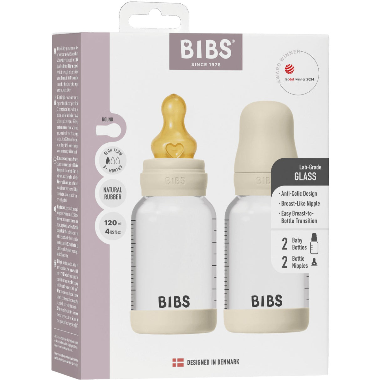 Bibs Ivory Glass Baby Bottle Round Latex 2-Pack 120 Ml Slow Flow