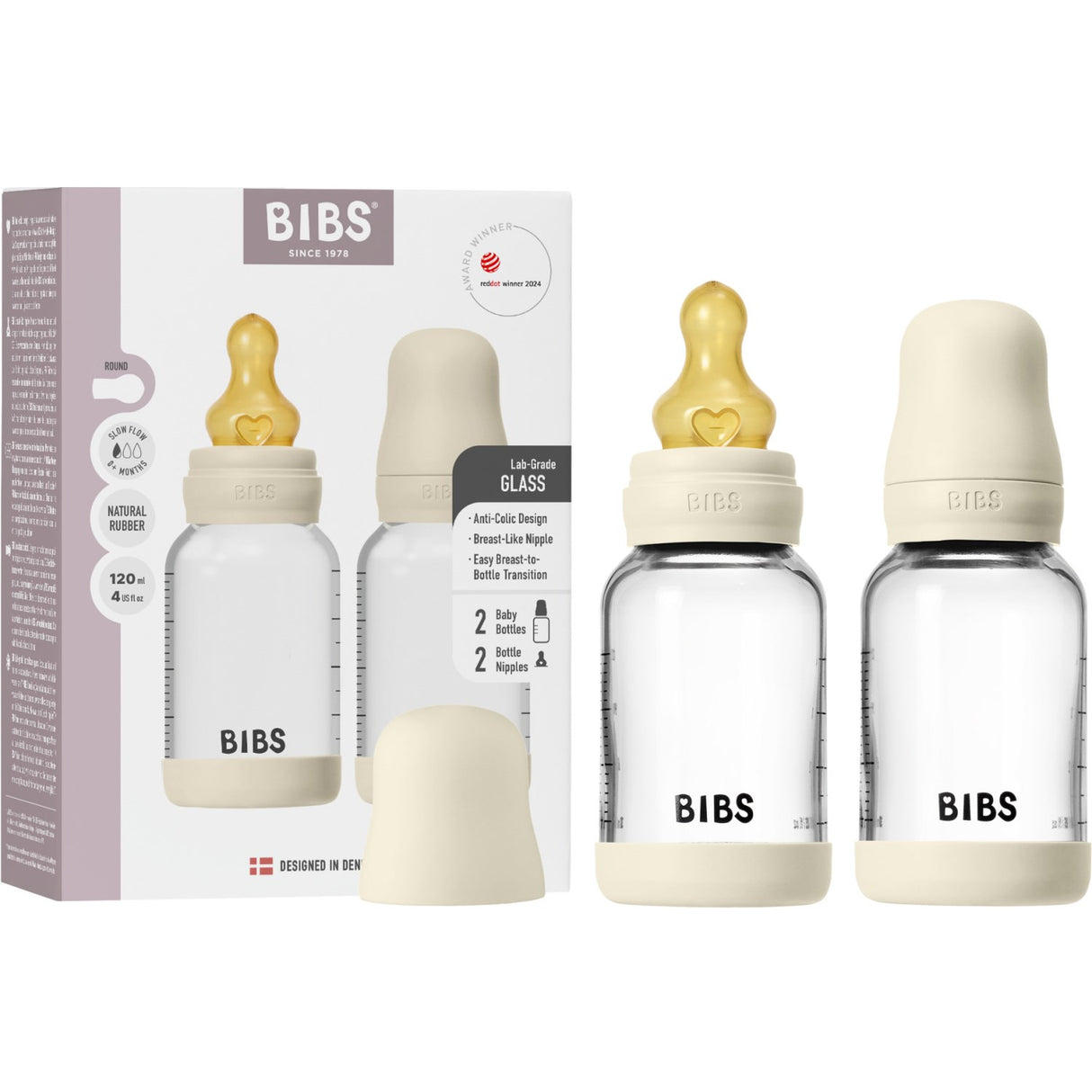 Bibs Ivory Glass Baby Bottle Round Latex 2-Pack 120 Ml Slow Flow
