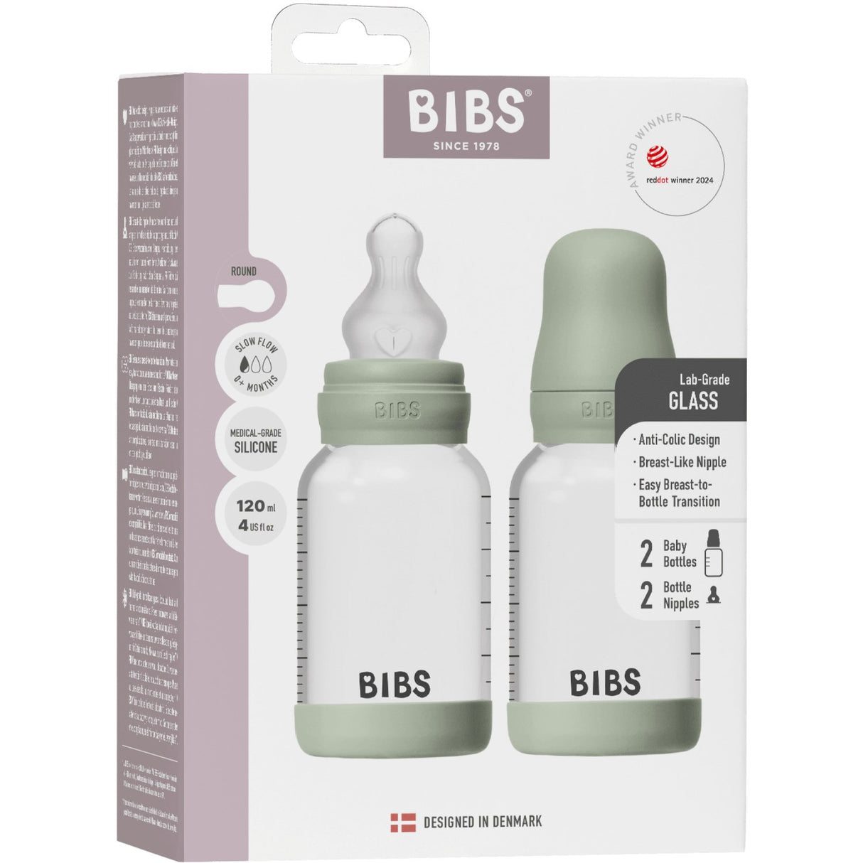 Bibs Sage Glass Baby Bottle Round Silicone 2-Pack 120 Ml Slow Flow