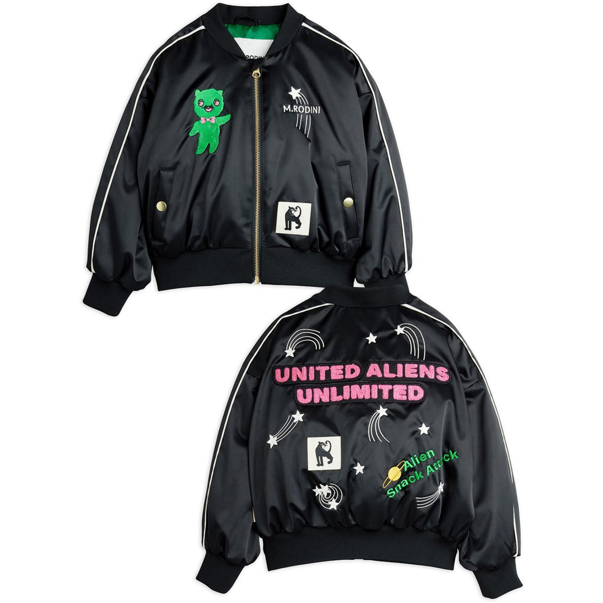 Mini Rodini Black United Aliens Unlimited Satin Baseball Jacket