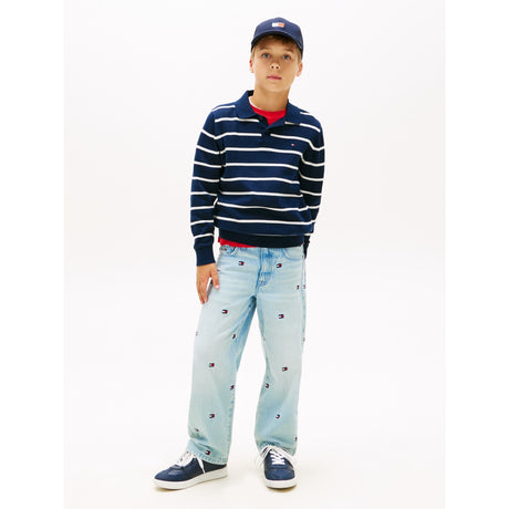 Tommy Hilfiger Dark Night Navy Stripe Polo Collar Sweater Ls