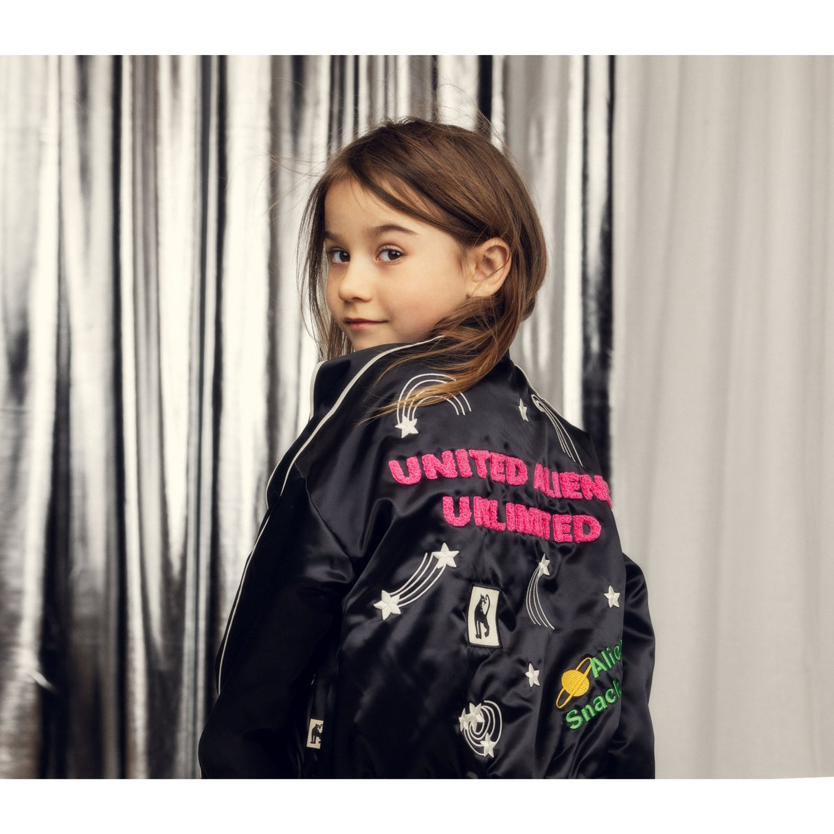 Mini Rodini Black United Aliens Unlimited Satin Baseball Jacket