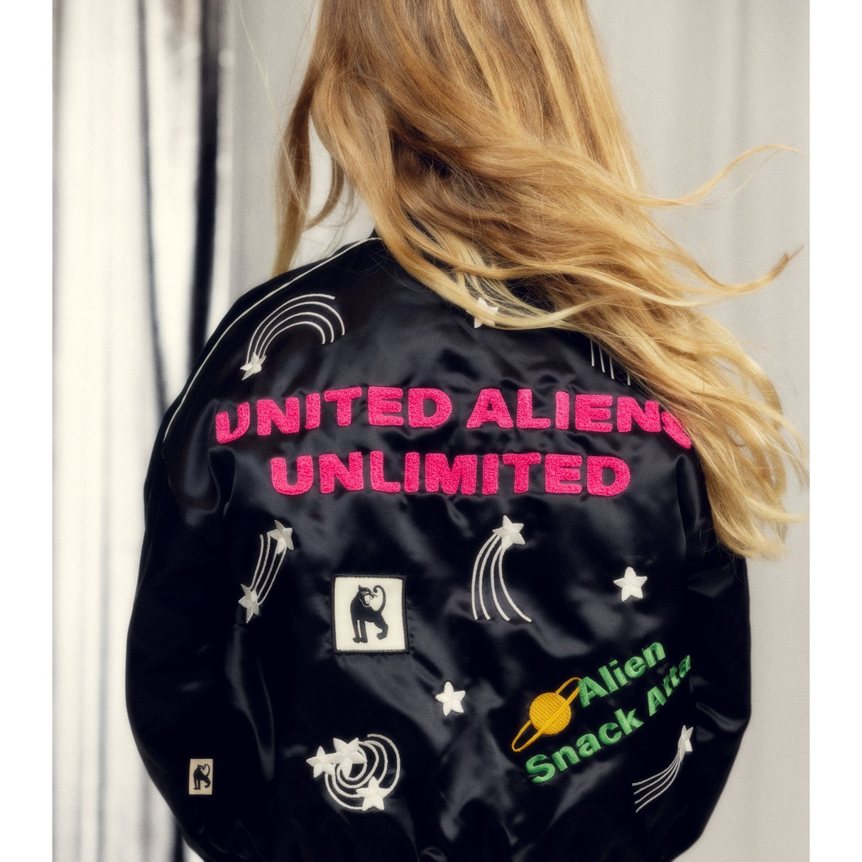 Mini Rodini Black United Aliens Unlimited Satin Baseball Jacket