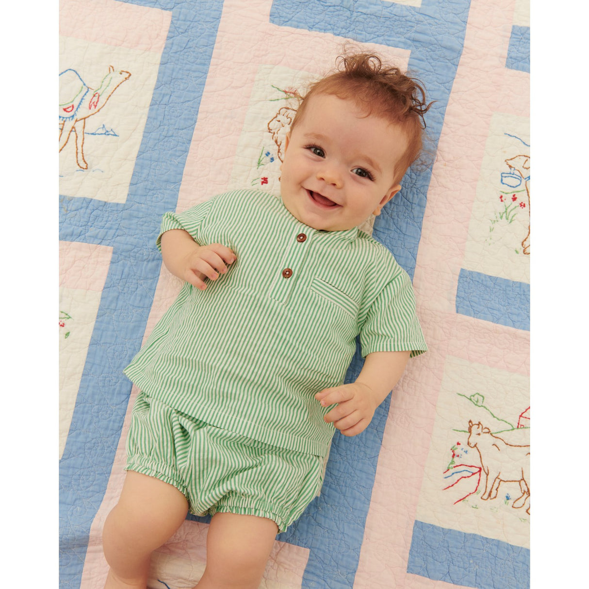 COPENHAGEN COLORS Sharp Green W Cream Stripe Seersucker Baby Set