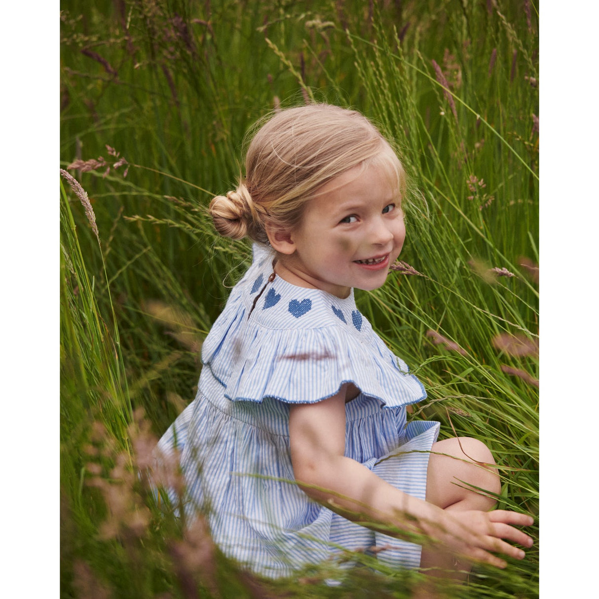 COPENHAGEN COLORS Sky Blue W Cream Stripe W Ocean Blue Seersucker Dress W. Heart