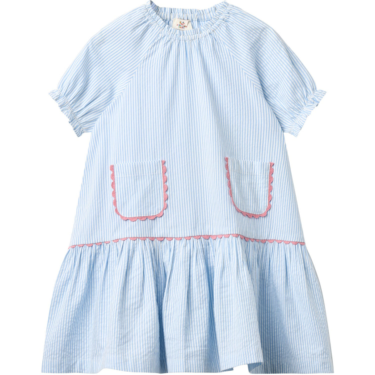 COPENHAGEN COLORS Sky Blue W Cream Stripe Seersucker Dress W. Pockets