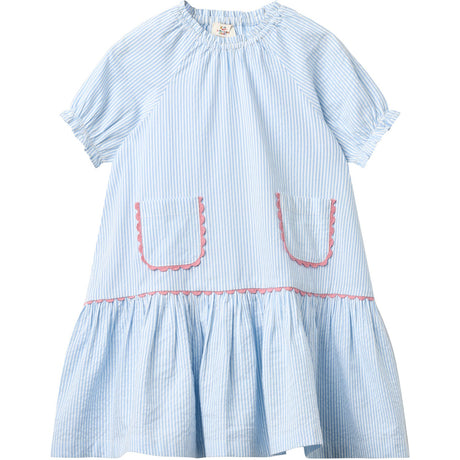 COPENHAGEN COLORS Sky Blue W Cream Stripe Seersucker Dress W. Pockets