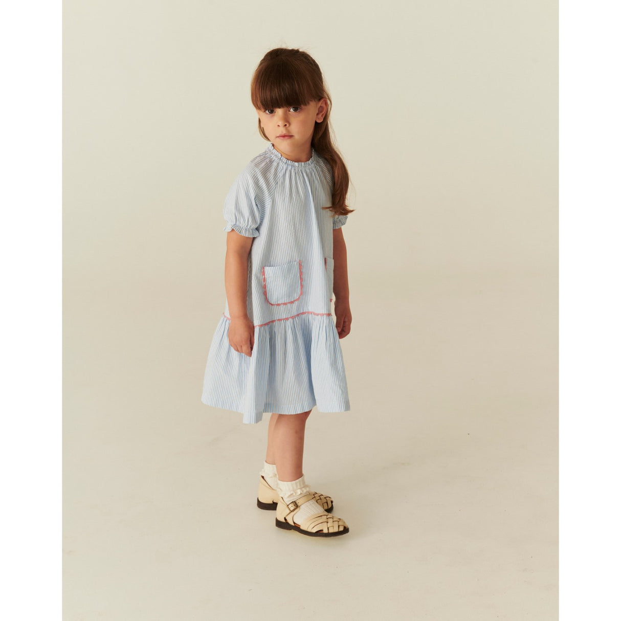 COPENHAGEN COLORS Sky Blue W Cream Stripe Seersucker Dress W. Pockets