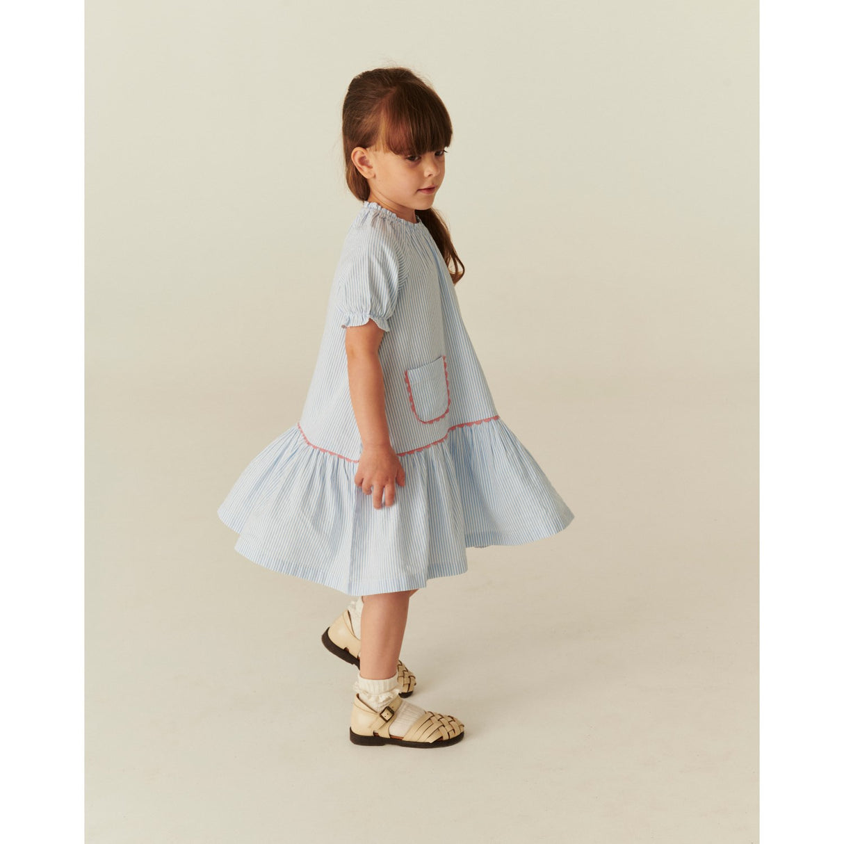 COPENHAGEN COLORS Sky Blue W Cream Stripe Seersucker Dress W. Pockets